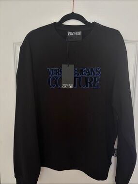 Versace Jeans Collection Black Sweatshirt with Blue Logo Outline